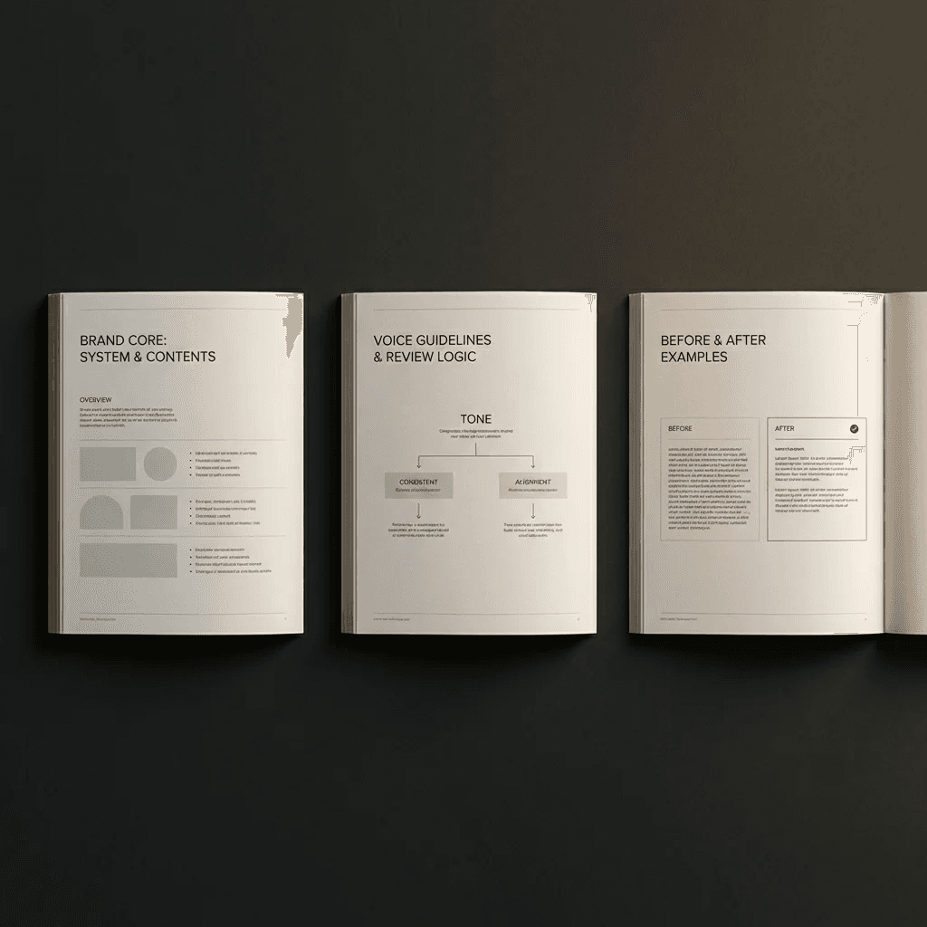 Preview of a human-made Brand Core deliverable showing contents, voice rules, and before-after comparison pages.